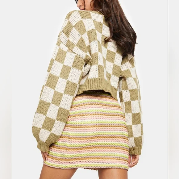 AFTER SCHEX Puff Balloon Sleeve Check Chunky V-Neck Crop Oversized Sweat… - Picture 6 of 12